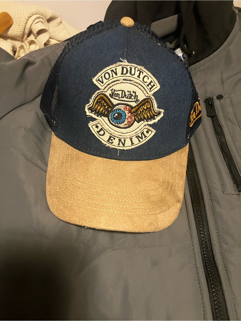 NWT Von Dutch Navy Denim and Tan Trucker Cap with Embroidered Wing Logo